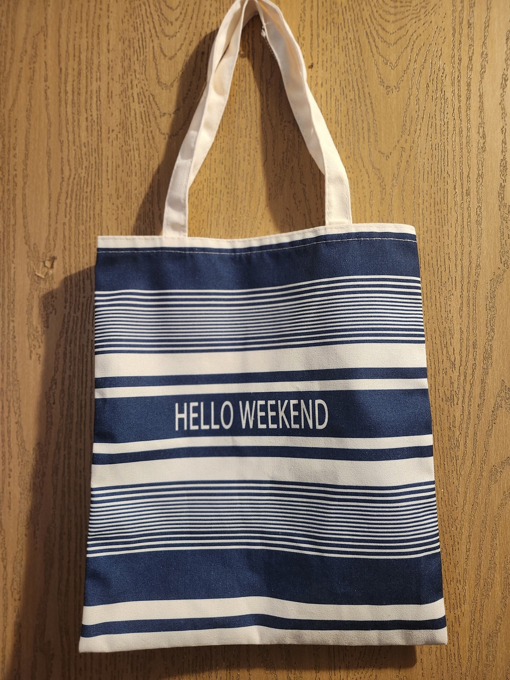 Hello Weekend Canvas Tote Bag Striped Blue & White Like New